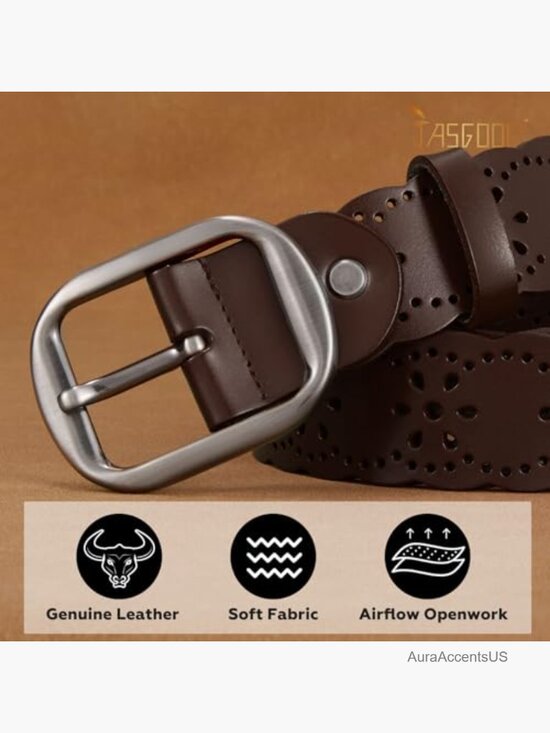 Genuine Leather Hollow Flower Belt for Jeans Pants - Wide Belt 1.5in main image 6
